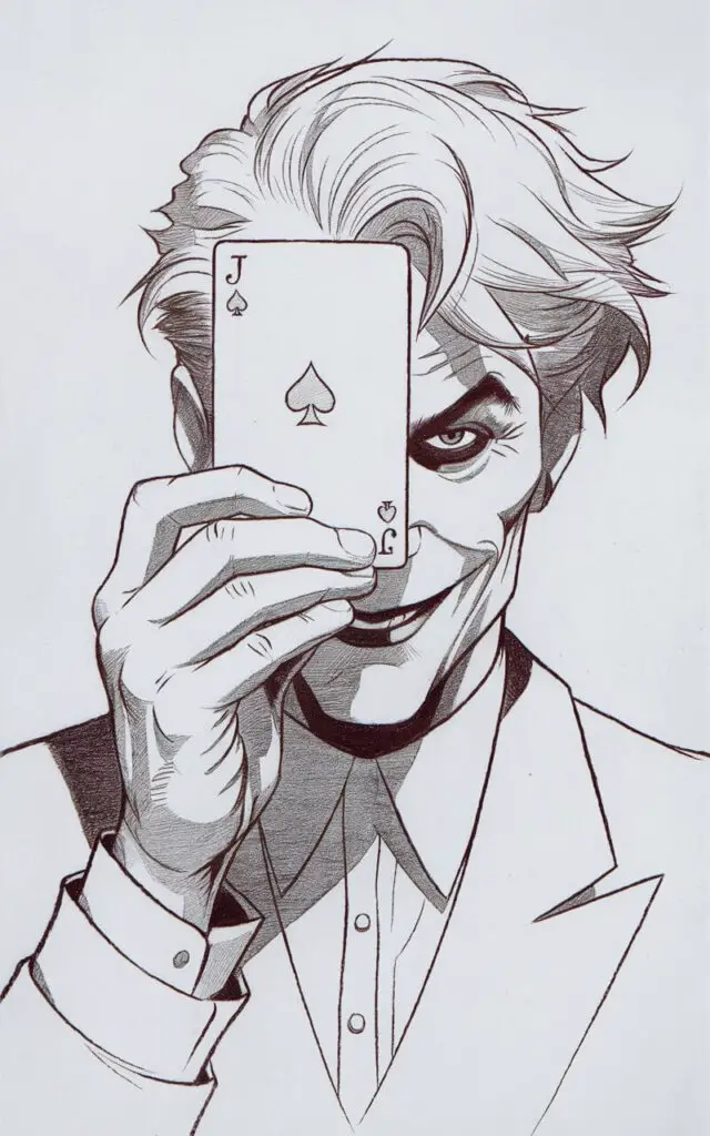 A symbolic, plain white background pencil drawing illustration of the Joker holding a single playing card near his face. The card is rectangular and clean, with a faint Joker symbol sketched at its center. His fingers hold it delicately, outlined with smooth pencil strokes. One eye peers over the edge of the card, creating a mischievous expression. His smile is subtle but knowing. Hair and suit are lightly detailed. The artwork is drawn in a simplistic style, balancing mystery and clarity.