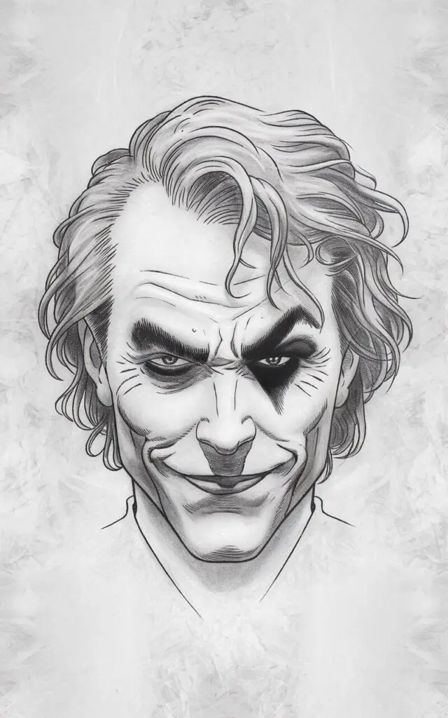 A subtle yet expressive, plain white background pencil drawing illustration of the Joker with one eyebrow raised. The lifted brow arches sharply, while the other remains relaxed, creating a sarcastic, mocking expression. His eyes are slightly narrowed, and a small grin forms on his lips. Hair is lightly textured with controlled strokes. The face is cleanly outlined, with minimal shading around the eyes and nose. The entire artwork is drawn in a simplistic style, relying on facial micro-expressions to convey personality.