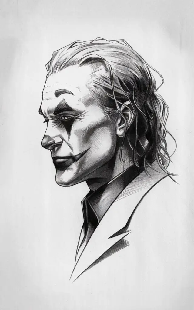 A pencil drawing of the Joker on a plain white background. The Joker is shown in a side profile. His sharp nose, pronounced chin, and thin lips are outlined with confident pencil strokes. His eye is half-lidded, suggesting a calm yet unsettling mood. His hair flows backward in loose, jagged strands. Light shading beneath the cheekbone and jaw adds subtle depth. The collar of his suit is minimally sketched. The entire portrait is drawn in a simplistic style, focusing on silhouette and expression rather than detail.
