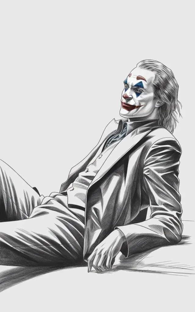 A pencil drawing of the Joker on a plain white background. He is sitting casually, with his torso slightly leaned back and one arm resting loosely at his side. The Joker's facial expression is calm, with a soft grin and a steady gaze. The clothing folds are minimal and lightly shaded. The hair is loosely sketched for texture. The entire scene is drawn in a simplistic style, focusing on body language and quiet confidence.