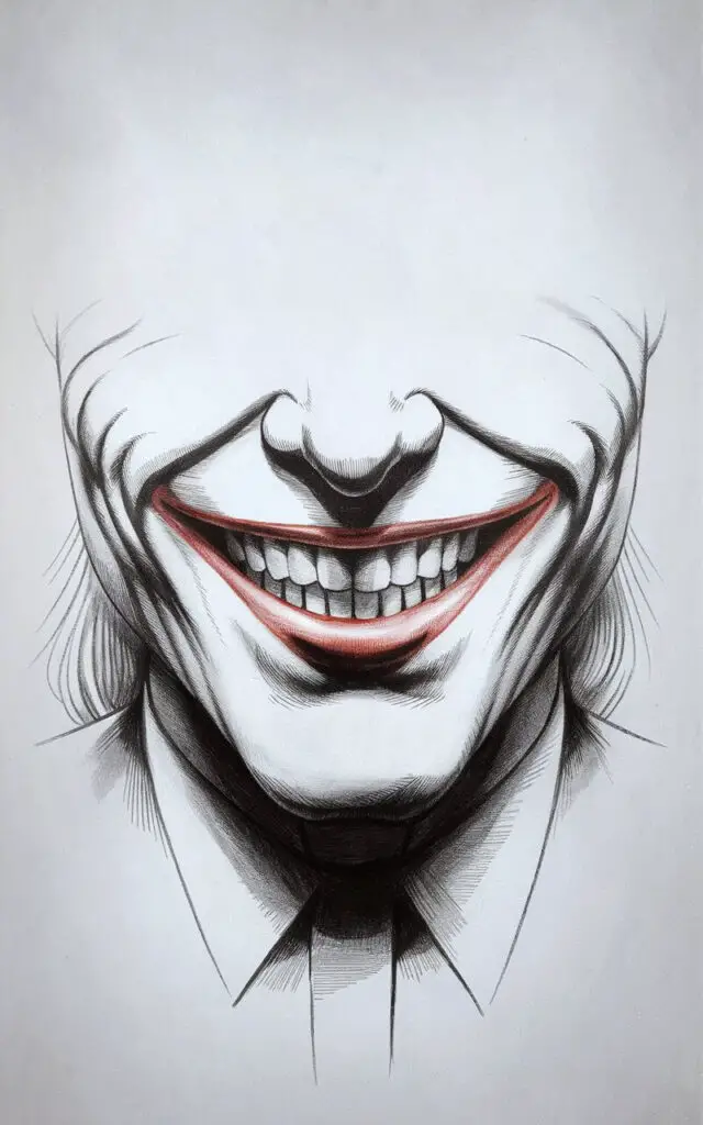 A pencil drawing illustration of the Joker's mouth and lower face on a plain white background. The Joker has a wide smile with uneven teeth and fine pencil lines form creases at the corners of his mouth. The upper lip is sharply curved, and the lower lip is softly rounded. Light shading beneath the lips adds dimension. The surrounding facial area fades gently into the background. The illustration is drawn in a simplistic style, highlighting expression through minimal yet intentional detail. The mouth, nose, and eyes have red paint color shading.