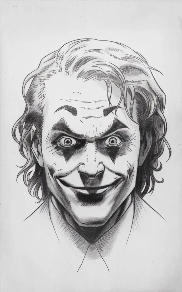 A pencil drawing of the Joker on a plain white background. The Joker has wide, alert eyes and a restrained, subtle smile. His eyes are round and open, with small highlights to suggest focus. The smile is tight and controlled, barely lifting the corners of the mouth. The Joker's hair is lightly textured, and his facial lines are minimal. Soft shading under the eyes adds tension. The illustration is drawn in a simplistic style, relying on contrast between calm and intensity.