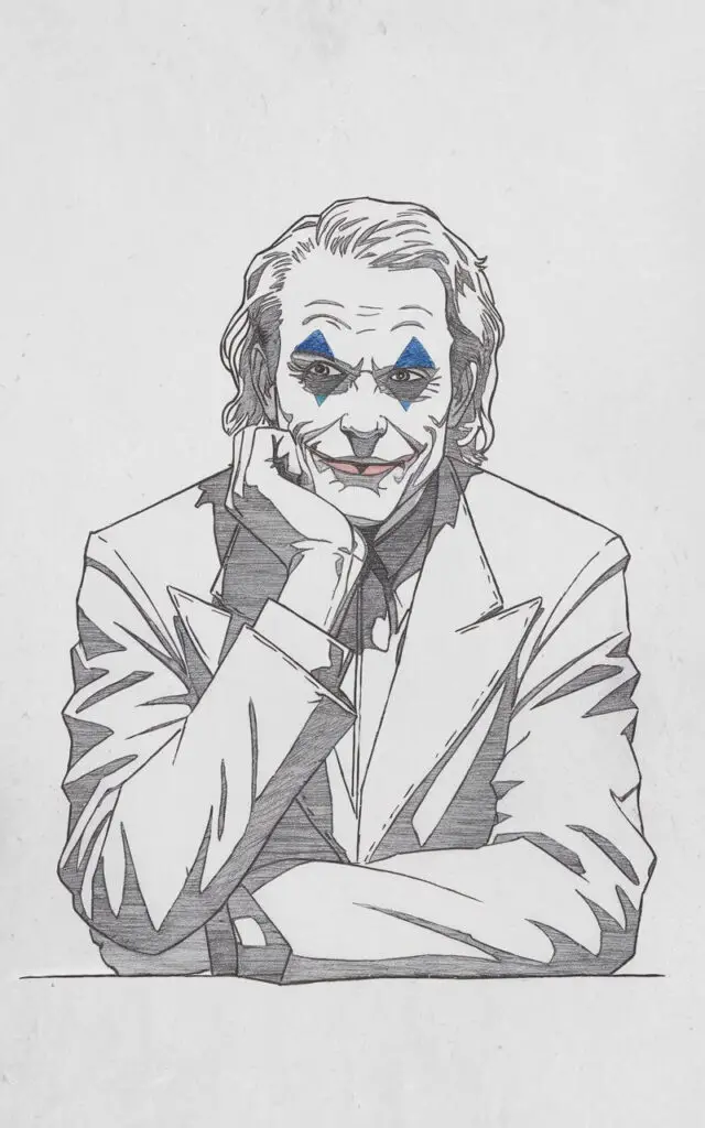 A calm, plain white background pencil drawing illustration of the Joker resting his chin on one hand in a thoughtful pose. The Joker's eyes look forward with quiet intensity, and a faint smile suggests calculation. The drawing is drawn in a simplistic style, emphasizing intellect, posture, and controlled emotion.