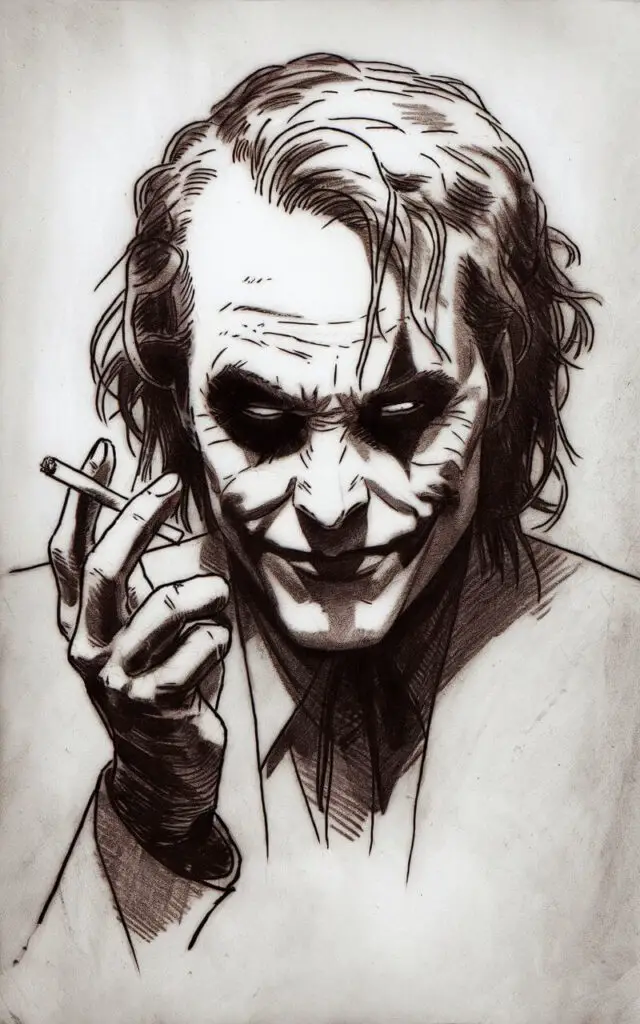A moody, plain white background pencil drawing illustration of the Joker holding a cigarette between his fingers. The Joker's expression is calm and amused, with half-lidded eyes and a subtle smile. His hair is casually sketched with uneven strokes. Light shading adds form to the face. The artwork is drawn in a simplistic style, focusing on atmosphere and attitude.