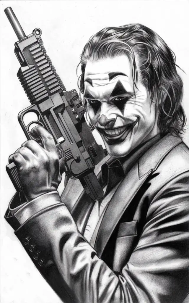 A pencil drawing of the Joker holding a machine gun with a plain white background. The Joker's face is grinning widely, and his eyes are half-open. He is wearing a suit jacket. The machine gun is simplified into clean geometric forms. The Joker's grip on the gun is casual. The background is plain white.