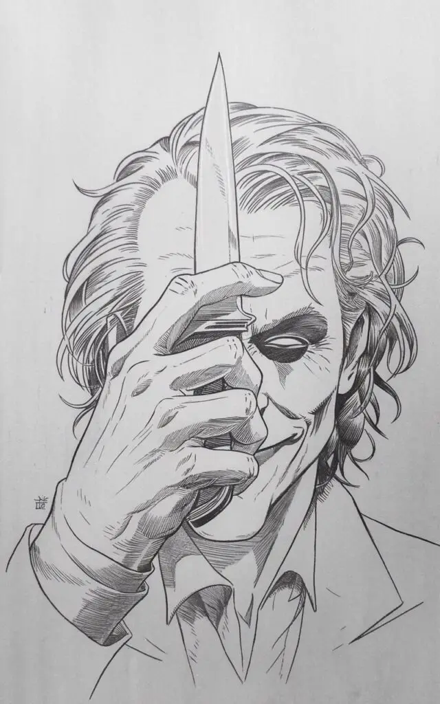 A plain white background pencil drawing illustration of the Joker holding a knife near his face. The Joker's fingers wrap loosely around the handle, drawn with clear but simple line work to show knuckles and joints. The blade is smooth and reflective, indicated by clean edges and light shading. The Joker's expression remains calm, with a faint smirk and relaxed eyes. His hair is slightly messy, sketched with short strokes. The drawing is drawn in a simplistic style, keeping the pose controlled and emphasizing mood over action.