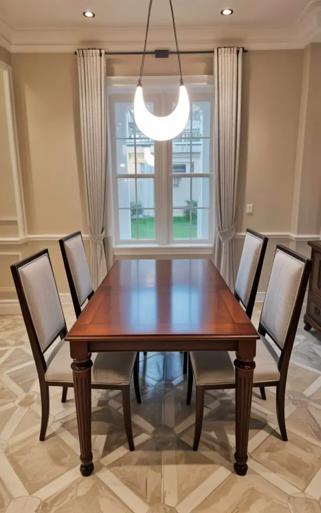 An LED bulb hangs from the ceiling, emitting a soft, warm light that illuminates the surrounding area. Below the light, a rectangular dining table made of polished dark wood sits centered in the room, accompanied by four identical dining chairs upholstered in a light gray linen fabric. The table is bare, displaying the natural grain of the wood, while the chairs are neatly arranged around its perimeter. The dining room features pale beige walls and a light oak wood floor, with a large window showing a glimpse of a green lawn outside.
