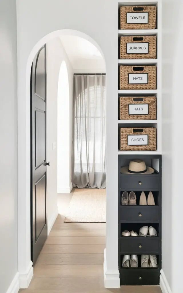 Multiple woven baskets of varying sizes are arranged along a wall with integrated drawers featuring simple, clean lines. Inside the baskets, neatly folded towels, scarves, and hats are visible, while the drawers contain rows of shoes in neutral colors. Small, rectangular labels affixed to the baskets and drawers read “Towels,” “Scarves,” “Hats,” and "Shoes" in a simple sans-serif font. The entryway features pale gray painted walls, a light oak wood floor, and a large, arched doorway leading to an adjacent room, illuminated by soft, diffused natural light filtering through sheer linen curtains.