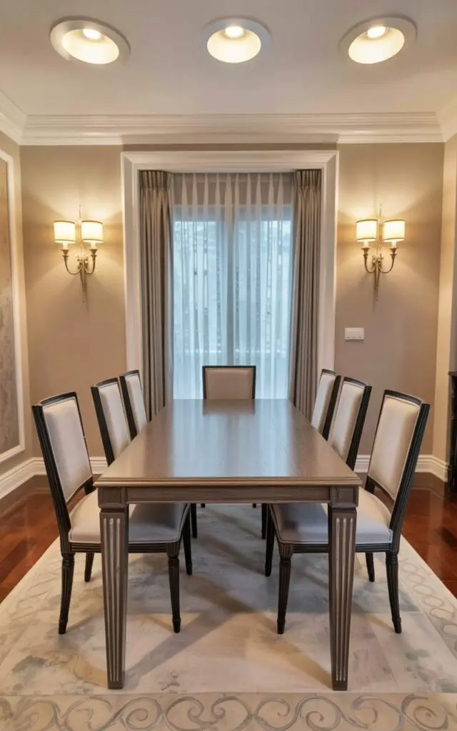 An empty, rectangular dining table with a dark wood grain finish sits centered within a well-decorated dining room. Six matching dining chairs upholstered in a light gray fabric are arranged around the table, each featuring a slender, black metal frame and slightly curved backrests. Three recessed ceiling lights with brushed nickel fixtures provide overhead illumination, while two sconces with frosted glass shades are mounted on the walls flanking the table. A large window with sheer white curtains allows natural light to filter into the room, revealing hardwood floors and a neutral-colored wall with subtle texture.