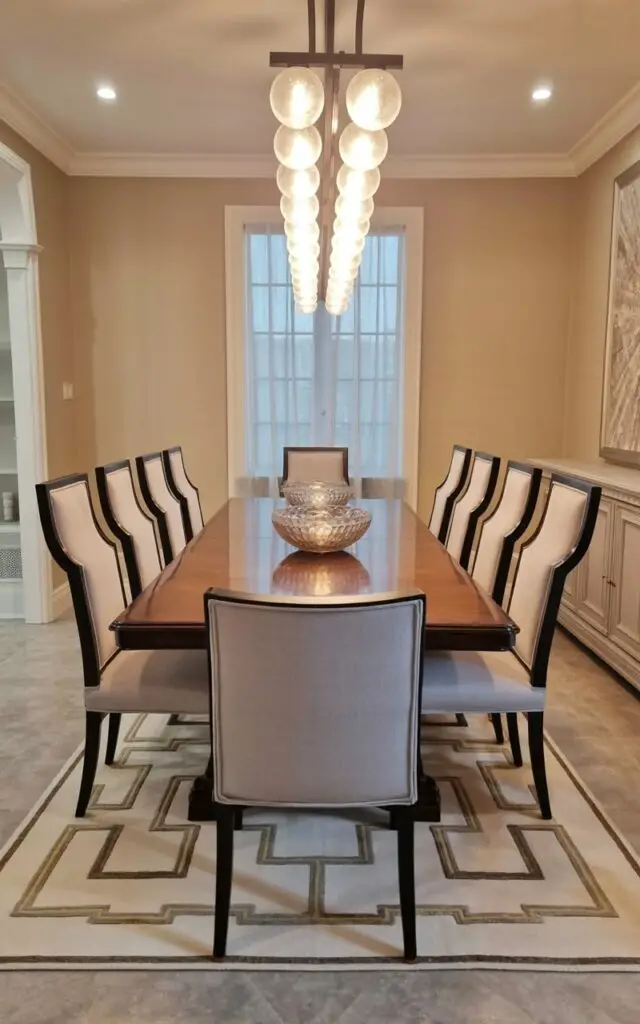 A long, rectangular chandelier with multiple frosted glass orbs hangs directly above a polished dark wood dining table. Eight upholstered dining chairs with high backs and light gray fabric are evenly spaced around the table, each with thin black metal legs. The dining room features pale beige walls and a light gray hardwood floor, with a large rectangular area rug in a geometric pattern of cream, gray, and brown beneath the table. A tall, narrow window with sheer white curtains sits against one wall, allowing soft natural light to illuminate the scene.