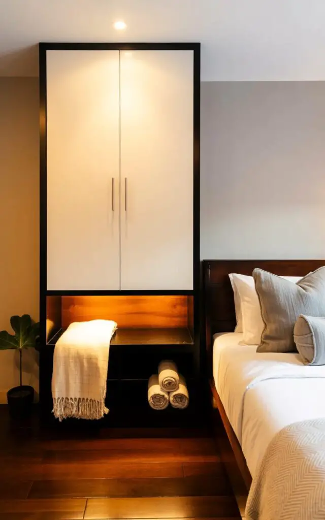A slim, light-colored linen cabinet stands against a pale gray wall, featuring two vertically aligned doors with brushed nickel handles. The cabinet’s top surface displays a neatly folded cream-colored throw blanket and a small stack of rolled linen towels. A king-sized bed with a dark wood frame is positioned nearby, covered with a crisp white duvet, two plush gray throw pillows, and three bolster pillows with a subtle geometric pattern. Sunlight streams through a large window, illuminating the polished wooden floor and a simple potted fiddle-leaf fig tree placed in the corner of the room.