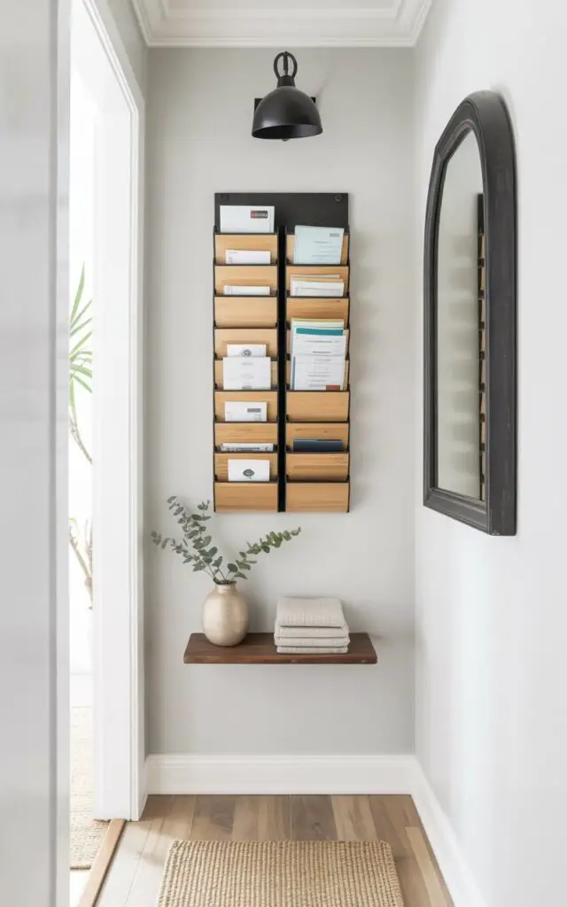 A wall-mounted mail and paper station is centered on a painted light gray wall within a well-decorated entryway. Slim, vertical organizers made of natural bamboo hold neatly sorted stacks of envelopes, bills, and document folders, preventing clutter. A small, rectangular shelf constructed of dark wood sits below the station, displaying a ceramic vase holding sprigs of eucalyptus and a stack of neatly folded linen towels. The entryway features a light oak hardwood floor with a woven jute rug positioned directly in front of the station and a framed mirror hangs on the opposite wall.