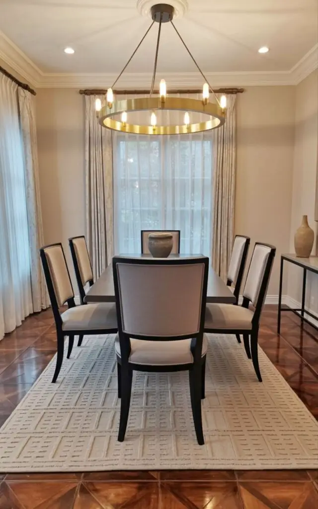 A circular dining room light fixture with a brass central ring and a black metal frame hangs suspended from the ceiling above a rectangular dining table. Six upholstered dining chairs, each with a dark gray fabric and slender black legs, are evenly spaced around the table's perimeter. A textured area rug with a subtle geometric pattern in neutral tones lies beneath the table, anchoring the furniture arrangement within the room. Large windows with sheer white curtains allow soft daylight to filter into the space, illuminating the polished hardwood floors and a minimalist console table with a ceramic vase placed against one wall.