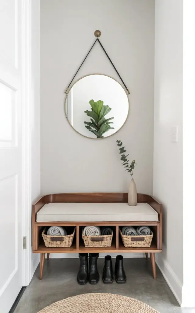 A wooden bench with clean lines and tapered legs sits against a pale gray wall, featuring concealed drawers built into the base of the seat. The bench is upholstered in a light beige linen fabric with three woven baskets containing rolled-up scarves and neatly arranged leather boots placed underneath. A small, round, brass-framed mirror hangs on the wall above the bench, reflecting a portion of a potted fiddle-leaf fig tree positioned in the corner. A woven jute rug lies on the polished concrete floor, and a single, slender ceramic vase holding a sprig of eucalyptus rests on the bench’s surface.