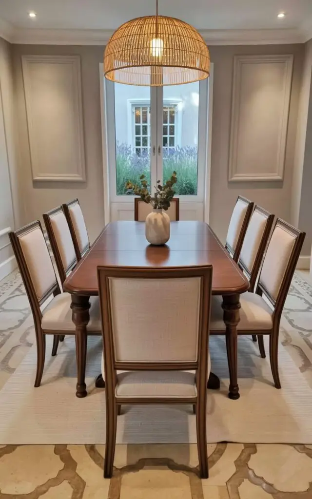 A dining room light fixture, crafted from woven rattan, hangs centered above a rectangular dining table made of polished walnut. Six upholstered dining chairs with linen cushions in a soft beige color are arranged around the table, each positioned equidistant from one another. The dining room features pale gray walls with a single, large window revealing a garden filled with lavender bushes and tall grasses beyond. A simple, cream-colored rug lies beneath the table, grounding the space while a single vase holding a sprig of eucalyptus sits on the table's surface.