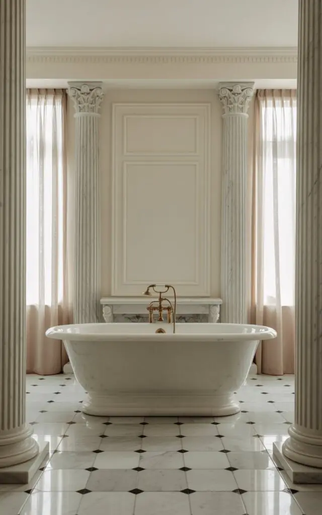 A neoclassical bathroom interior featuring pristine white marble surfaces and elegant symmetrical design elements. The centerpiece is a luxurious freestanding bathtub with classical proportions, flanked by fluted columns and adorned with polished brass fixtures that gleam against the cool marble. Soft natural light filters through tall windows with sheer curtains, illuminating the space's clean lines and geometric patterns in the floor tiles. The atmosphere exudes tranquil sophistication with muted ivory and cream tones, creating a timeless sanctuary of calm elegance.
