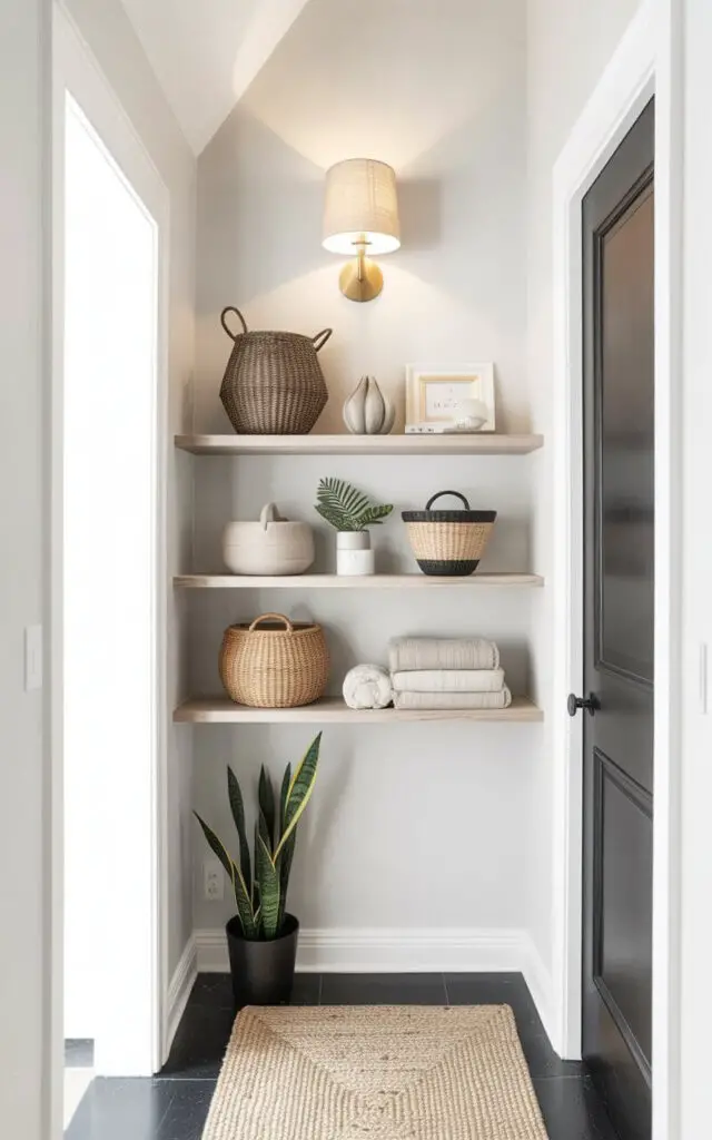 Three open shelves, crafted from light-colored wood, extend horizontally from the wall, spaced evenly apart. Woven baskets in various sizes and neutral tones, folded linen towels, and a small potted snake plant with dark green leaves are arranged on the shelves. A woven jute rug with a simple geometric pattern lies on the floor below the shelves, while a pale gray wall provides a soft backdrop. A brass wall sconce with a linen shade is mounted to the wall above the shelves, casting a warm glow on the entryway.