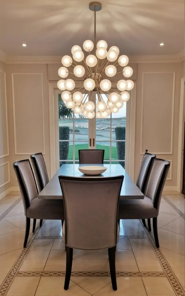 A large, spherical dining room light fixture with a brushed nickel finish hangs directly above a rectangular dining table. The fixture’s surface is composed of interconnected, frosted glass orbs radiating outward from a central core. Six dark grey upholstered dining chairs are evenly spaced around the table, each with a gently curved back and thin, polished wooden legs. The room features light beige walls with subtle crown molding and a large window showing a manicured lawn with neatly trimmed hedges and a distant view of rolling hills.