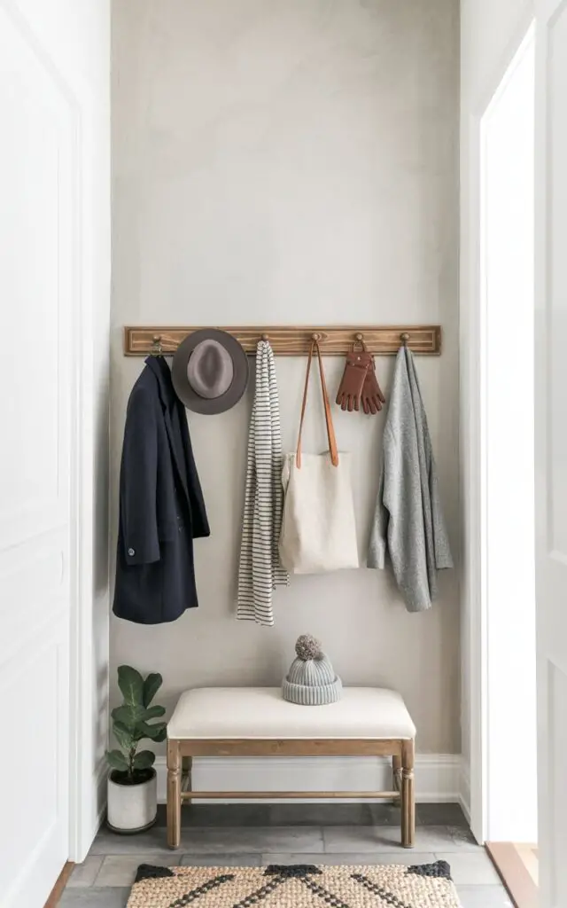 A simple wooden peg rail, crafted from aged pine, is mounted horizontally along a pale gray plaster wall. Seven items hang evenly spaced along the rail: a navy blue wool coat, a felt fedora hat, a striped linen scarf, a canvas tote bag with a leather strap, a pair of brown leather gloves, a knitted beanie with a pom-pom, and a gray cashmere sweater. Below the rail, a narrow bench upholstered in a cream-colored linen sits against the wall, topped with a woven jute runner featuring a geometric pattern. A small potted fiddle-leaf fig plant rests on the floor to the left of the bench, near a light-colored hardwood floor with subtle graining.