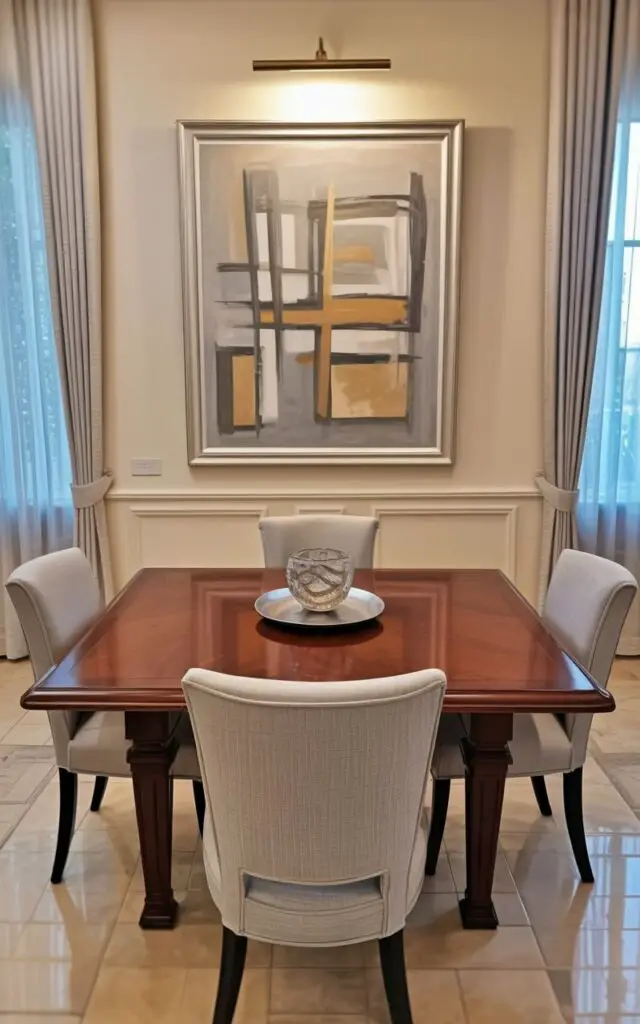 A focused picture light illuminates a large abstract painting hanging on a cream-colored wall above an empty dining table. The painting features broad strokes of gray, beige, and ochre arranged in geometric shapes. The dining table is rectangular, made of dark wood with a smooth, polished surface and is surrounded by four light gray upholstered dining chairs with slender wooden legs. The dining room has light-colored hardwood flooring and a tall window with sheer white curtains allowing soft daylight to filter into the space.