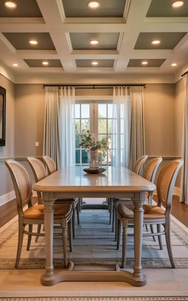A rectangular dining table sits centered within a room, crafted from pale gray wood with a smooth, matte finish. Six matching dining chairs with curved backs and woven seats are evenly spaced around the table. Recessed ceiling lights are arranged in a grid pattern above, providing uniform illumination across the room’s surfaces, and subtle shadows fall gently along the walls. The room features a smooth, white ceiling and light gray walls with a simple baseboard, and a large window with sheer white curtains is visible in the background.