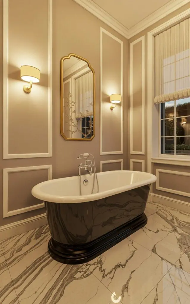 A freestanding oval bathtub with polished chrome fixtures rests on veined marble flooring with swirling gray and white patterns. Softly colored walls in a muted blush pink surround the tub, illuminated by two wall-mounted brass sconces with frosted glass shades. A gilded rectangular mirror hangs above the tub, reflecting the soft light and featuring a delicate floral design etched into the frame. The bathroom has polished travertine floors and a large window with sheer white curtains overlooking a manicured garden.