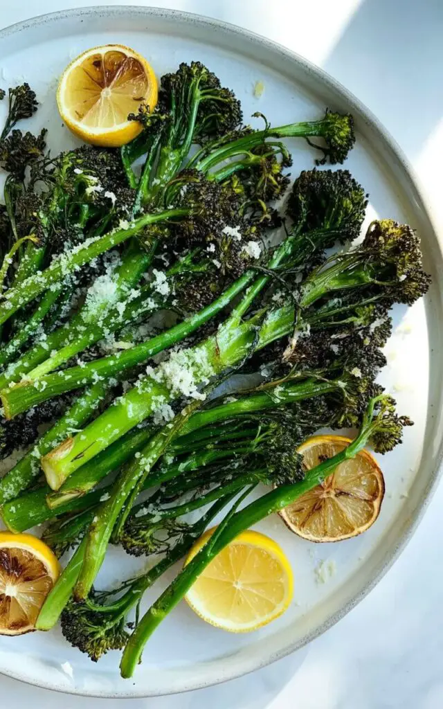 A pile of roasted broccolini occupies the center of a white stoneware plate, showcasing deeply caramelized edges and crisped green florets. Generously sprinkled across the broccolini are visible flakes of freshly grated Parmesan cheese and bright yellow lemon zest. Scattered among the broccolini are several roasted lemon slices, displaying lightly browned surfaces and visible juice segments. The plate sits on a bright plain white kitchen countertop bathed in natural light streaming in from a nearby window, casting a subtle shadow to the left.