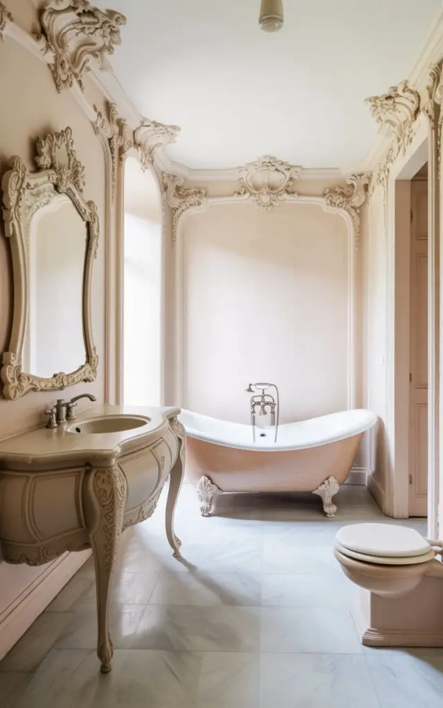 A photograph of an elegant old money bathroom showcasing Rococo Revival design with graceful curves and delicate ornamentation throughout. The space features soft pastel walls in cream or blush tones, an intricately carved vanity with ornate legs and a stainless steel faucet, and an elaborate mirror adorned with floral detailing above. A curvaceous freestanding bathtub with elegant flowing lines sits as the centerpiece, while a toilet with visible seat completes the functional elements. Pale marble floors reflect gentle natural light, creating an airy and luminous atmosphere that feels feminine, refined, and effortlessly luxurious in its minimalist yet ornate presentation.