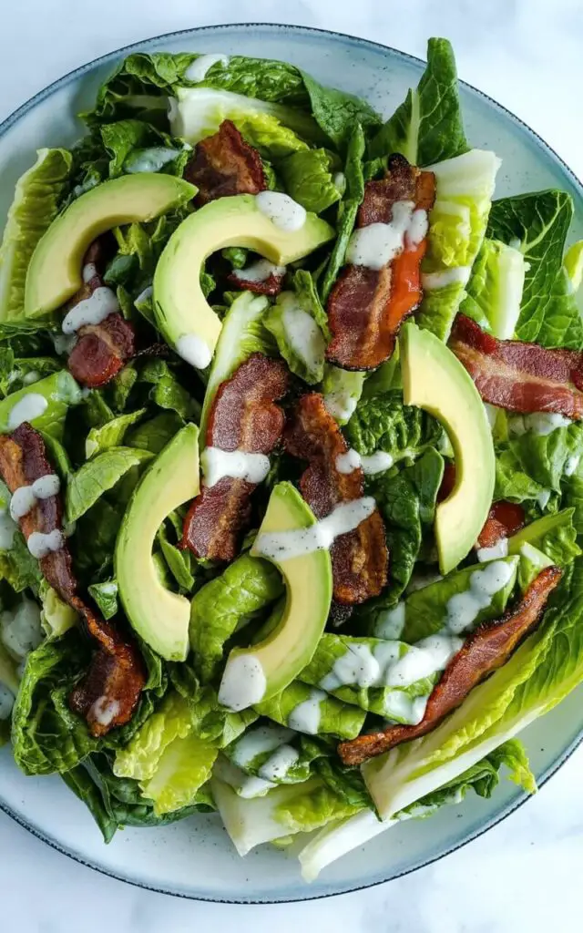 Chopped romaine lettuce forms the base of a BLT salad with evenly spaced strips of crispy bacon and juicy chunks of ripe tomato distributed throughout. A light creamy dressing is drizzled across the greens, partially coating the bacon and tomatoes, and thin slices of ripe avocado are neatly arranged on top. The salad rests on a round white ceramic plate with a smooth, glazed surface, which sits centered on a bright, clean white kitchen countertop. The entire composition is illuminated by natural light, highlighting the crisp texture of the romaine and the contrasting textures of the bacon and tomatoes.