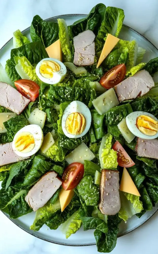 A classic romaine chef salad is displayed on a large, round white ceramic plate with a slightly raised rim. The salad base consists of roughly chopped romaine lettuce in square pieces, forming a dense bed beneath neatly arranged slices of smoked turkey breast, thinly sliced ham, Swiss cheese cubes, and cheddar cheese triangles. Halved hard-boiled eggs with visible cracked shells and bright yellow yolks, alongside juicy tomato wedges, are evenly distributed across the salad. The entire arrangement sits on a bright, plain white kitchen countertop, with scattered sesame seeds sprinkled over the top of the ingredients.