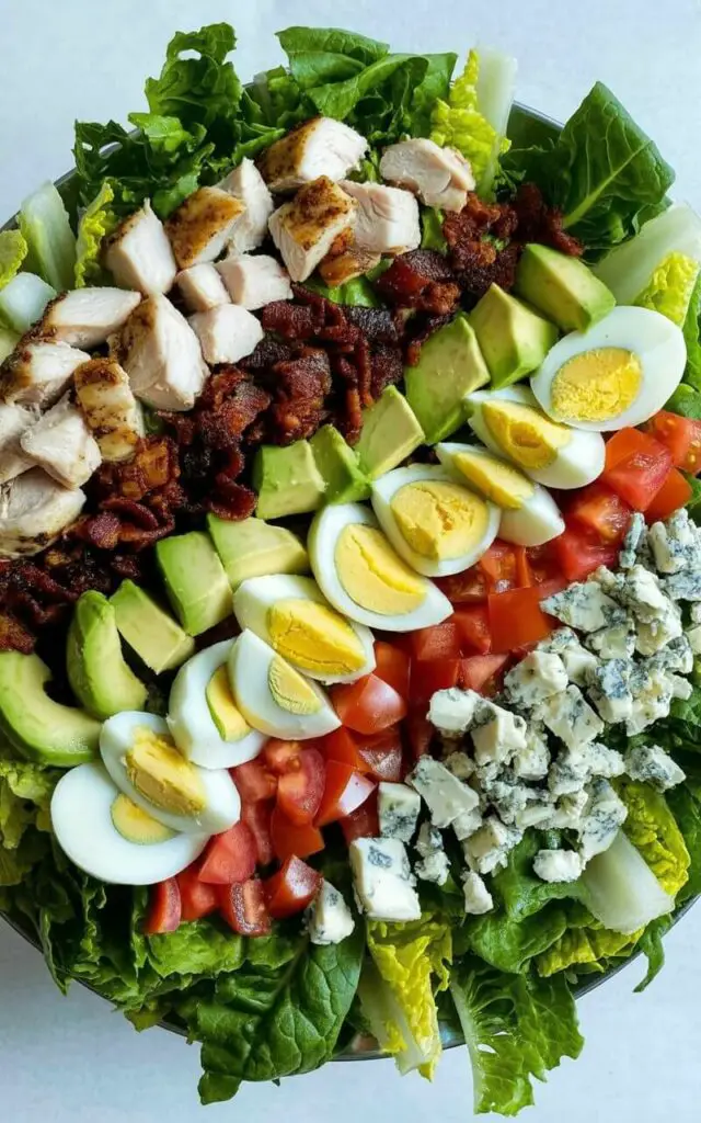 A structured romaine Cobb salad sits on a wide, circular white plate centered on a bright, plain white kitchen countertop. Diced grilled chicken pieces are arranged in a row along one side, while crispy bacon crumbles and chopped hard-boiled egg segments are neatly placed opposite them. Chunks of ripe avocado, vibrant red tomato cubes, and crumbled blue cheese are organized in alternating rows between the protein sources, creating a visually balanced composition. A scattering of finely chopped romaine lettuce forms the base of the salad, its bright green color contrasting with the colorful toppings and the clean white surface below.