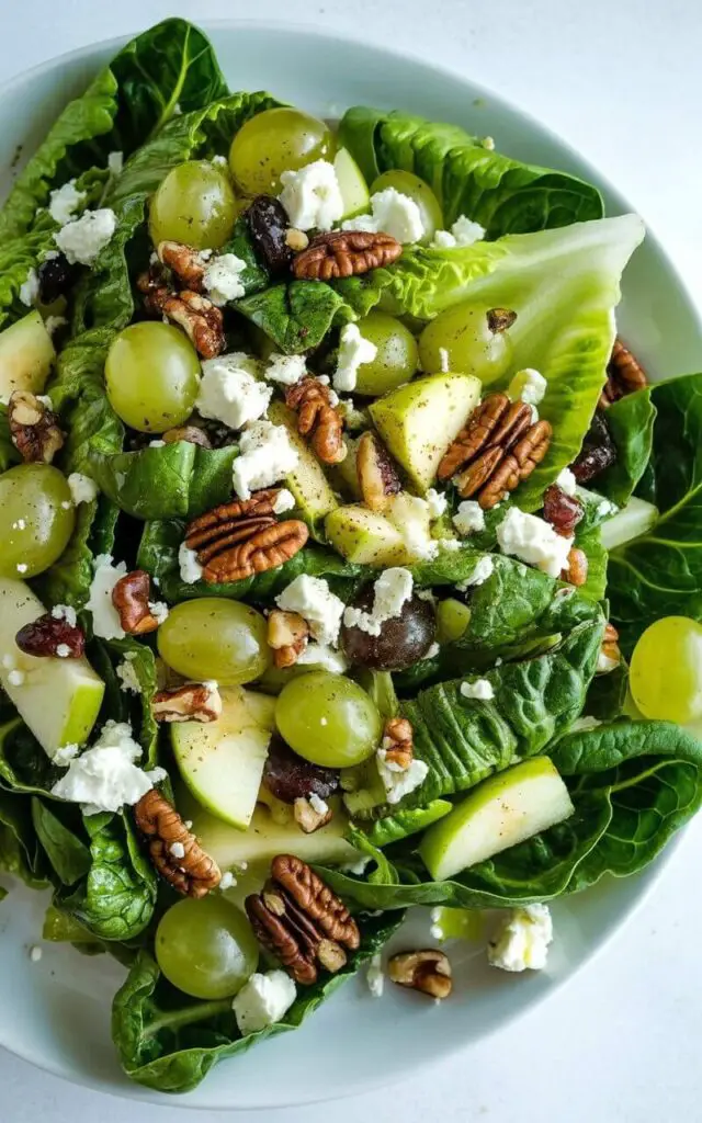 A romaine fruit and nut salad sits on a clean white ceramic plate. The salad contains roughly chopped romaine lettuce, thinly sliced green apple pieces, halved green grapes, and coarsely chopped toasted walnuts and pecans. Crumbled feta cheese is lightly scattered across the top of the salad, with a glistening sheen from a light vinaigrette dressing. The plate rests on a bright, plain white kitchen countertop with a slight reflection from overhead lighting.