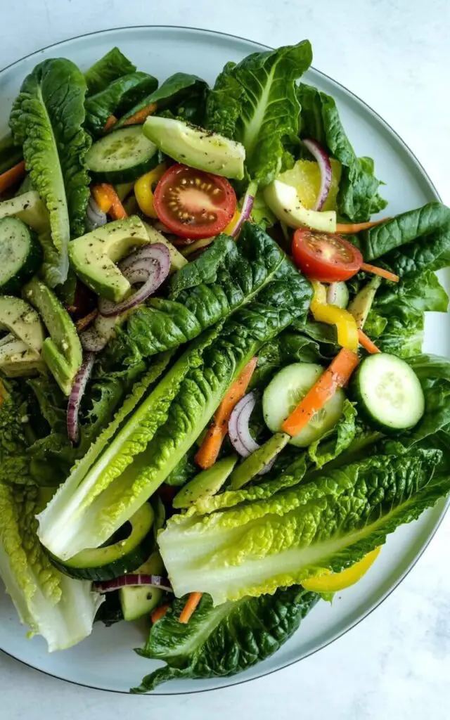 A colorful romaine garden salad occupies the center of a simple white round plate. Chopped romaine lettuce forms the base, interspersed with visible slices of cucumber, halved cherry tomatoes, julienned bell peppers, sliced avocado pieces, shredded carrots, and thin rings of red onion, all appearing freshly washed. The salad is loosely arranged, with the upright, vibrant green romaine leaves maintaining a crisp, fresh-from-the-fridge appearance and mixing with the other ingredients. The plate sits on a bright, plain white kitchen countertop, with no silverware visible, and the scene is lit by natural light.