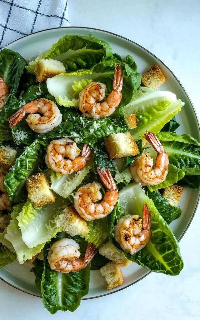 A romaine shrimp Caesar salad sits on a wide, circular white plate with a slightly raised rim. Chopped romaine lettuce is lightly coated in creamy Caesar dressing, while plump sautéed shrimp, exhibiting a golden sear, are arranged artfully on top, accompanied by golden-brown croutons and finely grated Parmesan cheese. The plate rests on a bright, plain white kitchen countertop with a smooth, matte finish. Behind the plate, a portion of a stainless-steel kitchen sink and a dishtowel with a checkered pattern are visible.
