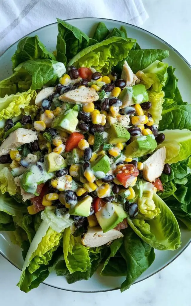 A romaine Southwest salad sits centered on a sturdy white ceramic plate. Chopped romaine lettuce forms the base, layered with black beans, bright yellow corn kernels, diced red tomatoes, green avocado chunks, and pieces of sliced grilled chicken. A creamy dressing is lightly drizzled across the toppings, pooling slightly in the spaces between the ingredients. The plate rests on a bright, plain white kitchen countertop, with a dishtowel folded neatly in the background.