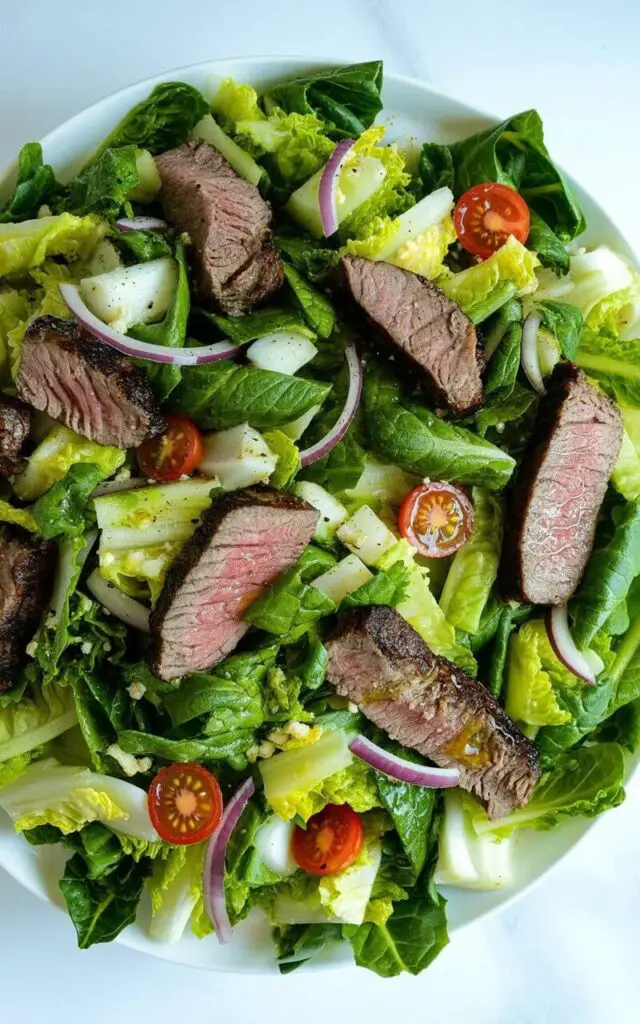 A romaine steak salad sits centered on a white, circular plate on a bright, plain white kitchen countertop. Chopped romaine lettuce forms the base of the salad, interspersed with slices of medium-grilled steak displaying clear grill marks and scattered cherry tomatoes, thin red onion slices, and crumbled cheese. The finely chopped romaine is cut into small squares, providing a vibrant green color contrast against the darker steak and colorful vegetables, which are evenly distributed throughout. Small droplets of oil glisten on the steak, and a subtle shadow falls behind the plate, indicating a single light source above.