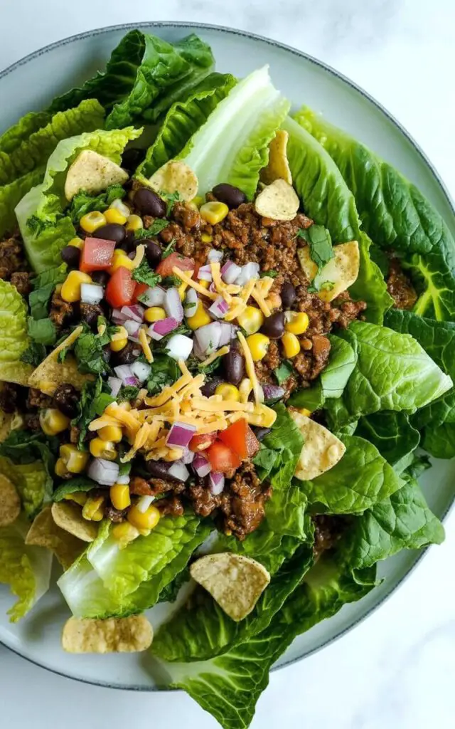 A romaine taco salad sits centered on a sturdy white ceramic plate. Chopped romaine lettuce forms the base of the salad, topped with seasoned ground beef, black beans, yellow corn kernels, diced tomatoes, chopped red onion, and shredded cheddar cheese, all layered to showcase their individual textures. Crushed tortilla chips are scattered across the surface, providing visual contrast. The plate rests on a bright, plain white kitchen countertop with no visible dressing pooling on the plate, and the romaine lettuce appears crisp and vibrant green against the colorful toppings and clean background.