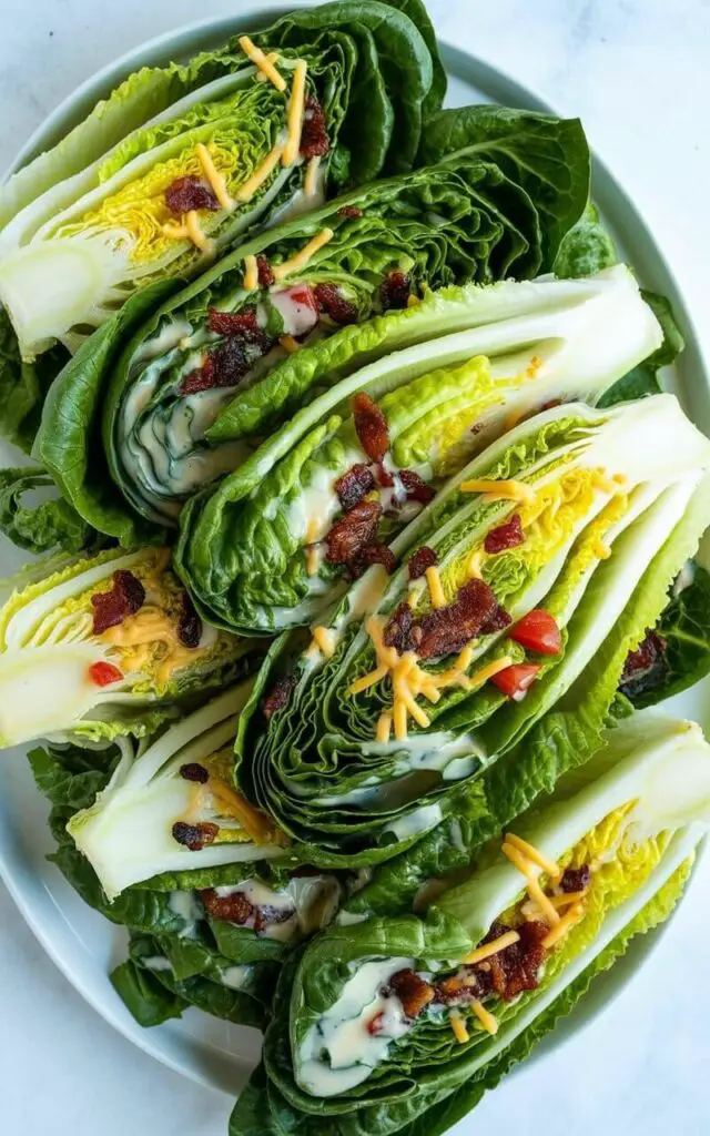 Romaine lettuce hearts, cut lengthwise into wedges, are arranged on a white oval plate with the lettuce finely chopped into squares. A creamy dressing is drizzled over the lettuce, and the dish is sprinkled with crispy bacon bits, diced red tomatoes, and shredded cheddar cheese. The lettuce wedges are tightly layered and vibrant green, displaying a structured presentation with all ingredients mixed together. The plate sits on a bright, plain white kitchen countertop with no silverware visible.