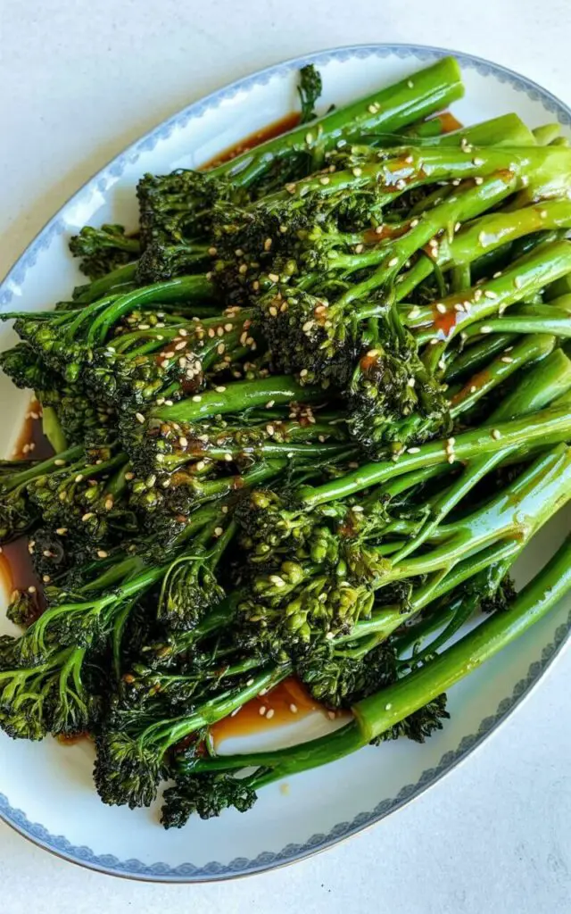 A pile of broccolini spears is stir-fried and arranged neatly on an oval porcelain plate, displaying a crisp-tender texture with visible char marks. The broccolini is coated in a glossy glaze made from soy sauce and sesame oil, with toasted sesame seeds sprinkled evenly across the surface. Light reflects off the sauce, highlighting the individual stems and florets of the broccolini. The plate rests on a bright, plain white kitchen countertop with faint grain texture, illuminated by natural light from above, emphasizing the green hue of the vegetable.