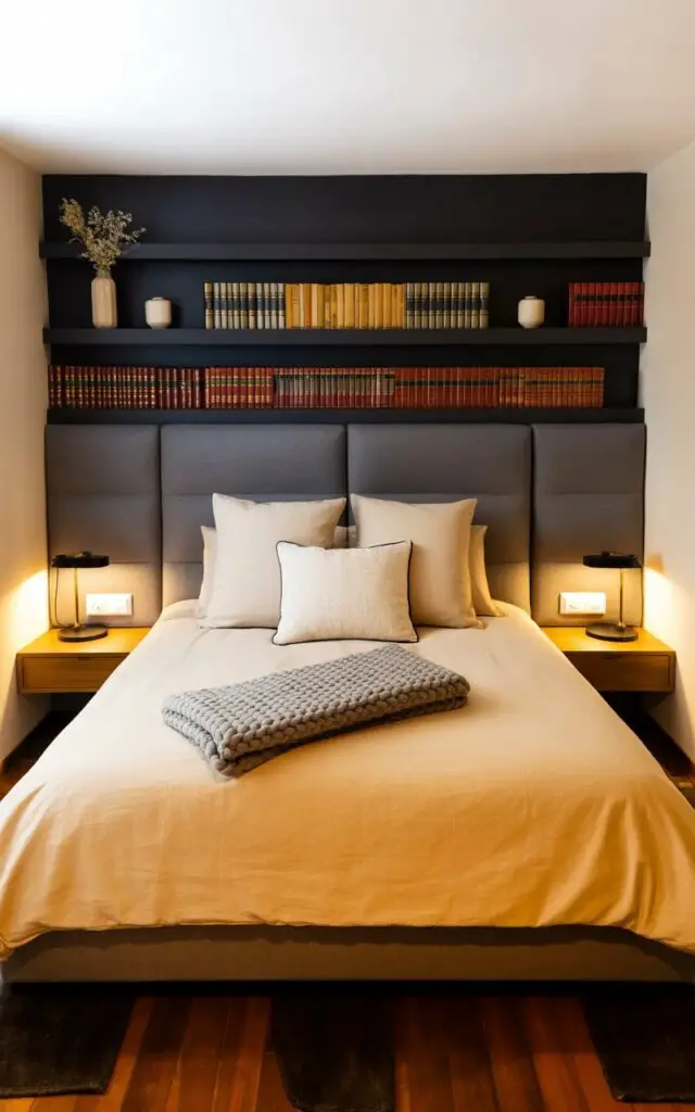 A queen-sized bed with a dark gray upholstered headboard is centered in a bedroom with built-in shelves integrated into the headboard design. The shelves display a collection of hardback books with varying spine colors and small ceramic vases holding dried flower arrangements. Plush bedding in shades of cream and beige covers the bed, layered with three square pillows in a textured linen fabric and a folded gray knit throw blanket. A large rectangular area rug with a geometric pattern covers the hardwood floor, while a simple wooden nightstand with a minimalist lamp sits on either side of the bed.