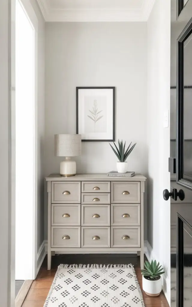 A compact sideboard with multiple drawers sits against a pale gray wall in a well-lit entryway. The sideboard’s surface holds a small ceramic table lamp with a linen shade and a framed rectangular artwork depicting a simple botanical print. The drawers feature brushed brass handles and the furniture’s overall finish is a soft matte taupe color. A patterned wool rug in shades of cream and gray lies on the hardwood floor in front of the sideboard, with a small potted succulent positioned on the floor beside it.