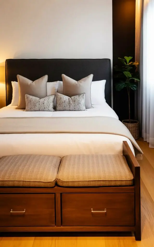 A king-sized bed with a dark gray upholstered headboard dominates the room, featuring a thick white duvet and several layers of pillows in varying sizes. The bed is topped with two large square pillows in a light beige linen, two smaller rectangular pillows in a patterned gray and white fabric, and a decorative throw blanket in a soft cream color. At the foot of the bed sits a wooden storage bench with dark brown stain, featuring two visible drawers with brushed nickel handles and a cushioned seat covered in a textured oatmeal-colored fabric. Natural light filters through sheer white curtains hanging on a large window to the right, illuminating a hardwood floor with a light oak finish and a potted fiddle-leaf fig tree in a woven basket in the corner.