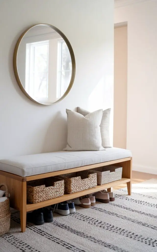 A photo of a bright, airy entryway with a sleek wooden storage bench. The bench has soft neutral upholstery and is placed on a textured rug. Beneath the bench, woven baskets are neatly tucked away. Shoes are subtly organized. A round mirror above the bench reflects light, making the space feel open, intentional, and calm while still warm and inviting.