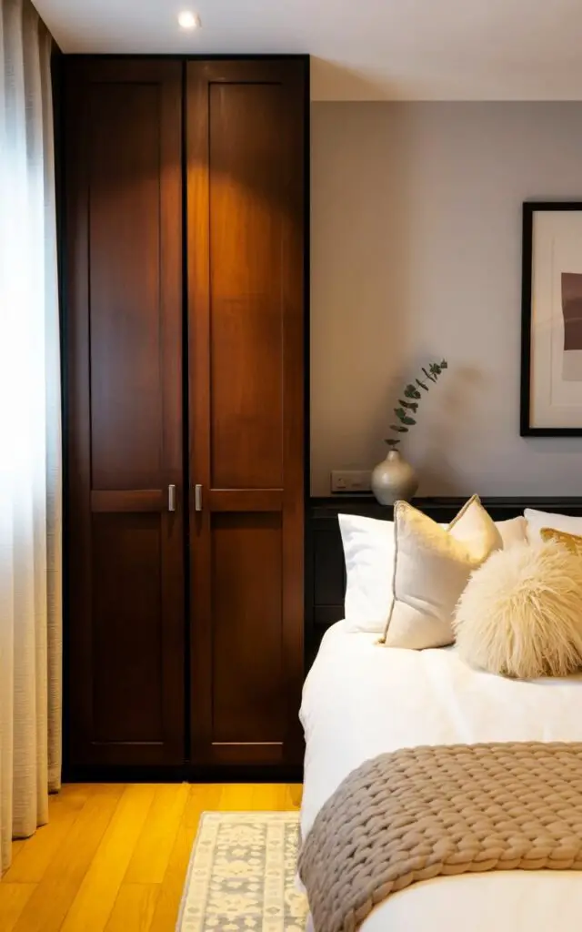 A tall, slim cabinet with dark brown wooden panels stands flush against a light gray painted wall, featuring a simple silver handle on each door. The bed is covered in crisp white linen sheets, three fluffy pillows in varying shades of cream and beige, and a chunky knit throw blanket in a muted oatmeal color. Sunlight streams through a sheer white curtain, illuminating the honey-toned hardwood floor and a small ceramic vase holding a single sprig of eucalyptus on a bedside table. A patterned area rug in soft gray and white tones sits beside the bed, and a framed abstract print hangs above the cabinet, completing the serene atmosphere.