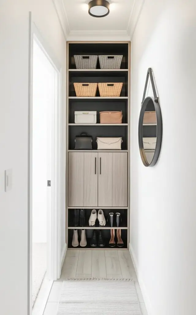 A tall, slim storage unit with closed doors at the bottom and open shelving above dominates the entryway, reaching nearly to the ceiling. The bottom section holds neatly arranged shoes and bags, while the upper shelves display folded accessories in three woven baskets – one gray, one beige, and one light brown. The entryway’s walls are painted a soft white, and the storage unit has a light wood finish with clean, straight lines. A small, circular mirror hangs on the wall to the right of the unit, reflecting the space, and a light gray rug lies centered on the pale wood-look flooring.