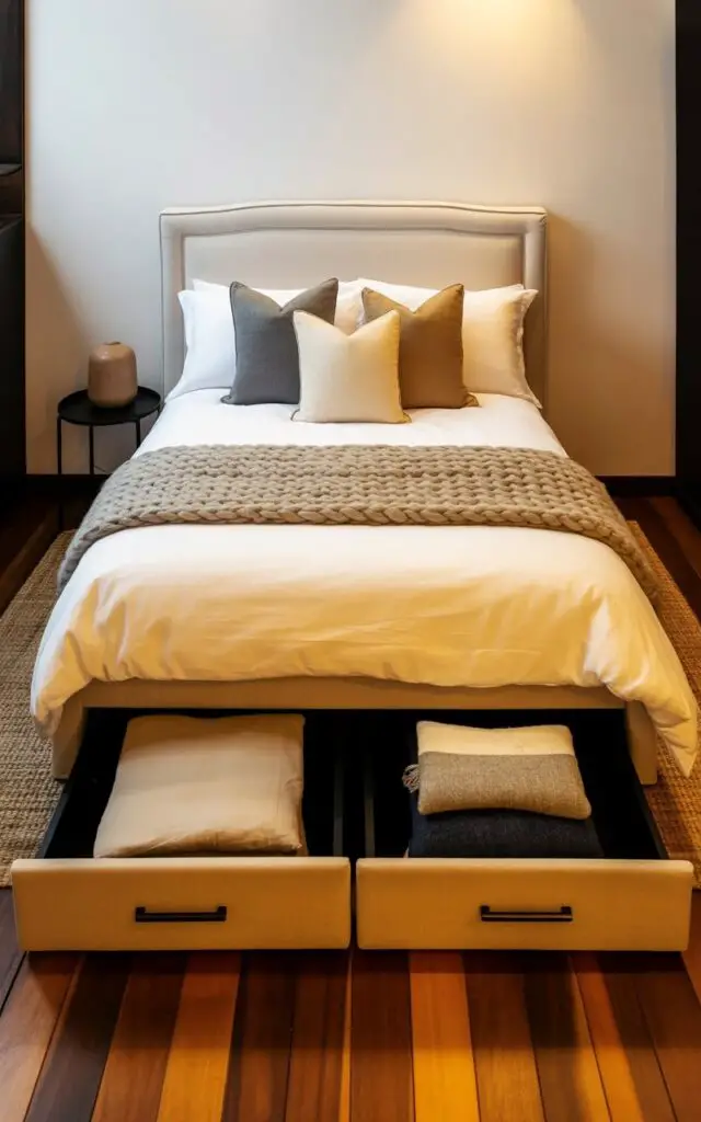 A queen-sized bed with a tailored upholstered headboard stands centered in a bedroom with wide-planked wooden floors. Underneath the bed frame, two pull-out drawers are partially extended, revealing folded linen sheets and neatly stacked sweaters. The bed is layered with a creamy white duvet, three textured throw pillows in shades of gray and beige, and a chunky knit throw blanket draped across the foot of the bed. A small bedside table with a simple ceramic lamp sits on one side of the bed, while a woven rug with a subtle geometric pattern lies partially visible beneath the bed’s edge.