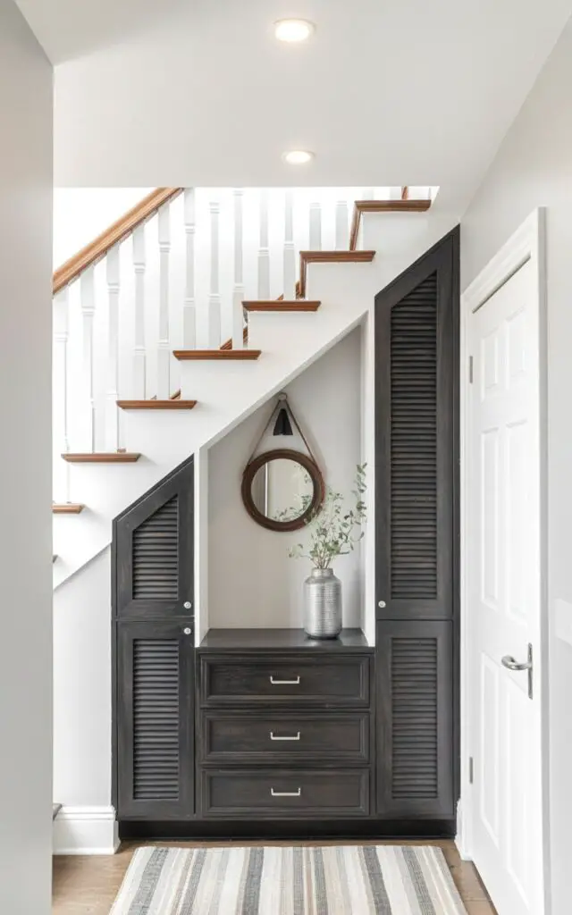 A custom entryway is built into the space beneath a wooden staircase with white painted risers. Three wide drawers with recessed silver handles are positioned at the base, flanked by two sets of louvered doors concealing coat and bag storage. A small round mirror with a dark wood frame hangs on the wall above the drawers, reflecting the overhead lighting. The space is illuminated by recessed ceiling lights and a single wall sconce, set against a backdrop of pale gray painted walls.