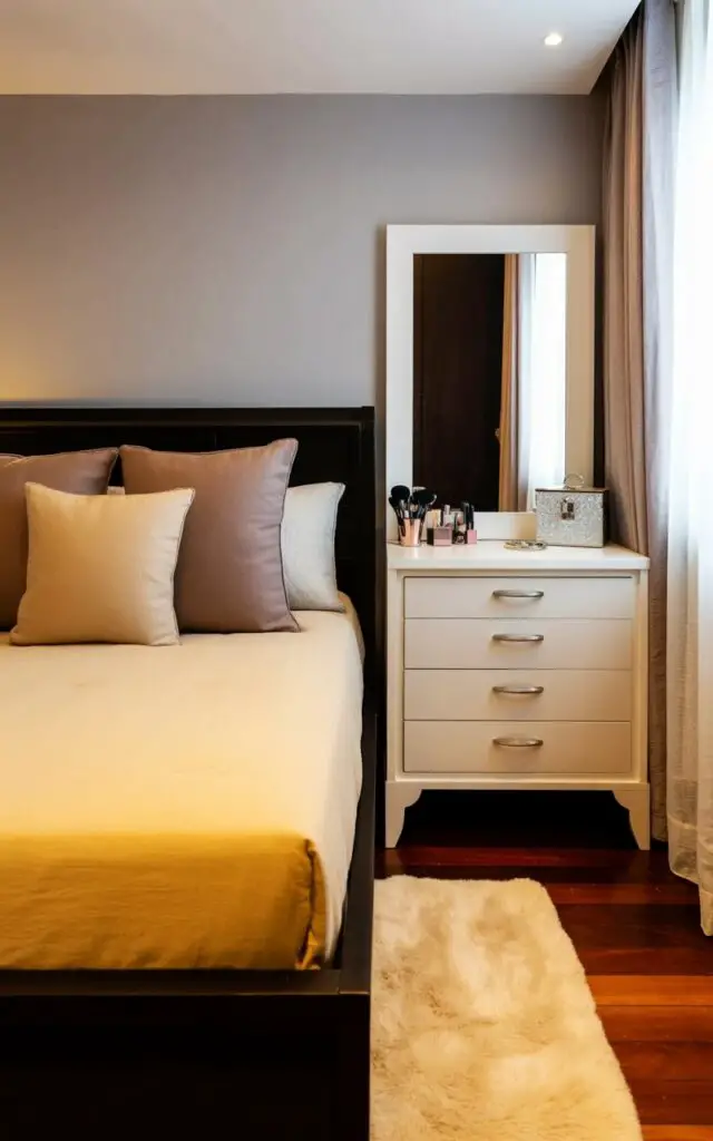 A queen-sized bed with a dark wood frame is positioned against a light gray wall, covered in a cream-colored duvet and several large, square pillows in shades of beige and taupe. A vanity table made of white lacquered wood stands to the right of the bed, featuring five drawers with brushed silver handles and a large, rectangular mirror mounted above it. Makeup brushes, perfume bottles, and a silver jewelry box are neatly arranged on the vanity's surface, while a plush, ivory-colored rug covers the hardwood floor beneath the bed. A sheer, floor-length curtain in a light linen fabric hangs over a large window allowing soft daylight to filter into the room.