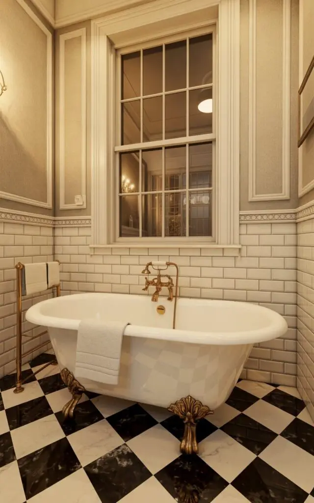 A pristine white clawfoot bathtub with ornate brass feet sits centered beneath a tall sash window with multiple panes. The walls are covered in classic white subway tiles with dark grout, transitioning halfway up to decorative wall paneling painted in a soft ivory tone, and a black-and-white marble checkerboard pattern extends across the floor, polished to a subtle sheen. Brass fixtures—a freestanding faucet, a towel rack, and a soap dish—gleam gently on the walls and floor. A single, folded white towel rests neatly on the edge of the bathtub, and a small, round mirror hangs above the window, reflecting the room's interior.