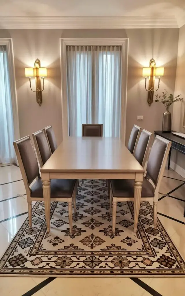 Two wall-mounted fixtures with brass finishes are spaced evenly along the walls of a dining room. The sconces cast a warm glow on the pale gray walls and illuminate a rectangular dining table crafted from light oak wood, surrounded by six upholstered dining chairs with dark gray fabric. The table is bare, and a patterned Persian rug with geometric designs in shades of cream, brown, and blue lies centered beneath it. Large windows with white linen curtains frame the room, allowing soft natural light to filter in while a tall, slender vase with a few sprigs of greenery sits on a nearby console table.